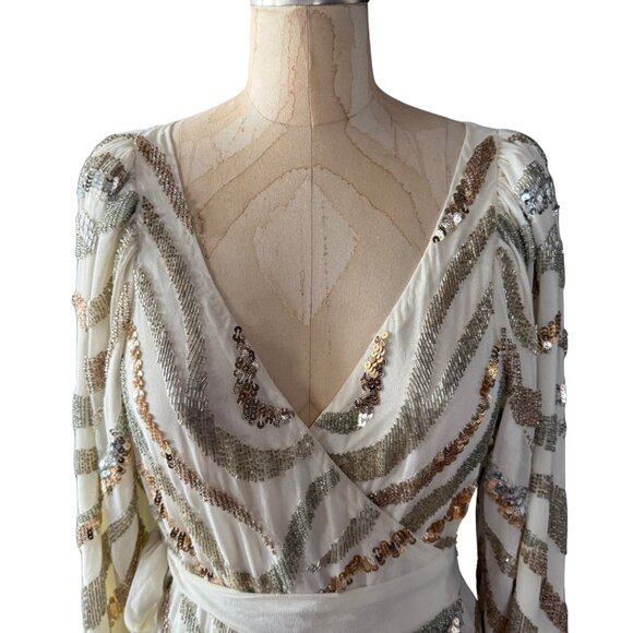 ASOS White, Gold, Silver Long Sleeve Sequin Zebra Print Wrap Midi Dress Size 6 - Picture 7 of 16